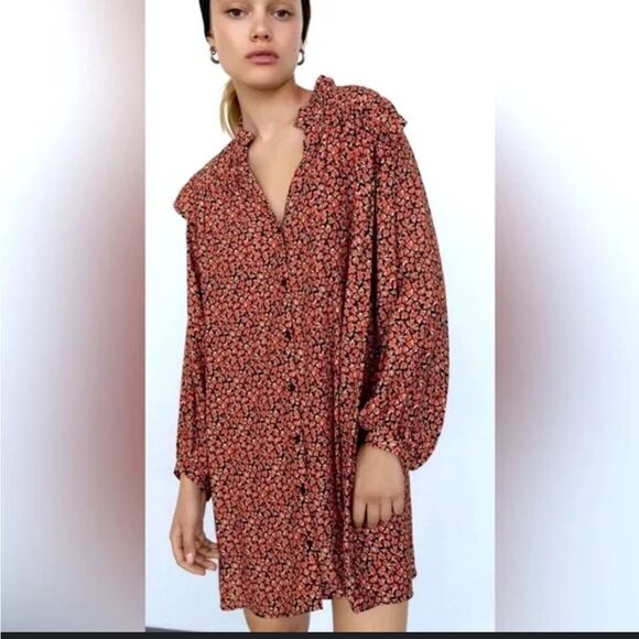 ZARA Red/Black Floral Print Button Down Mini Dress. Size Large. - Picture 1 of 10